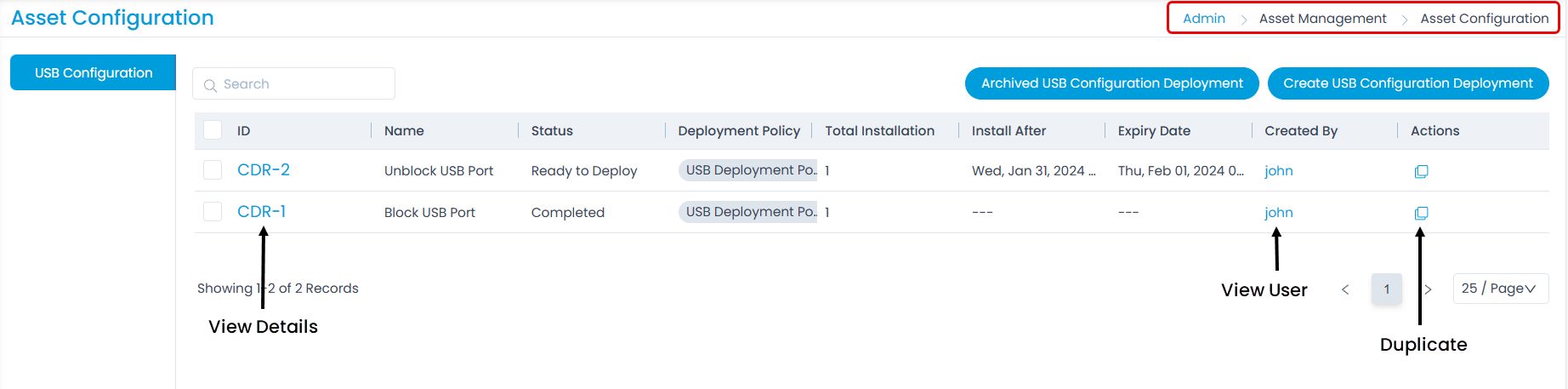 Asset Configuration Page