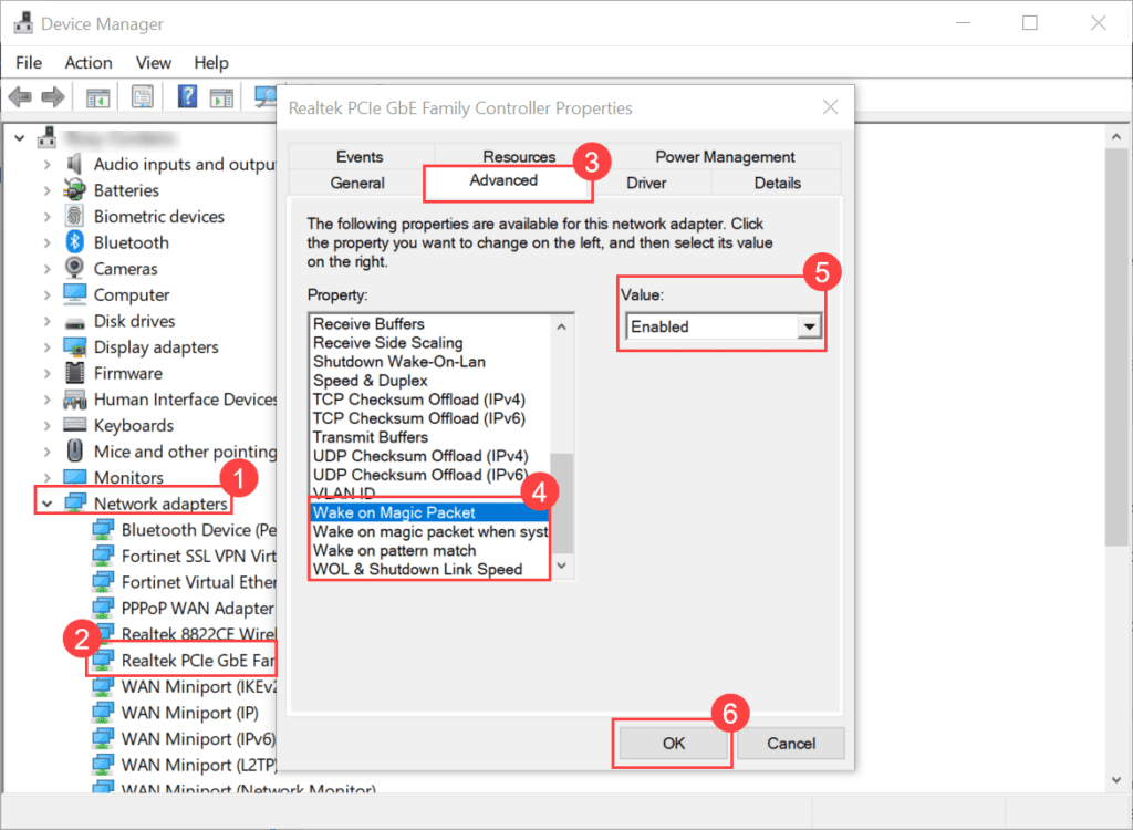 Enabling WOL Parameters in Advanced tab