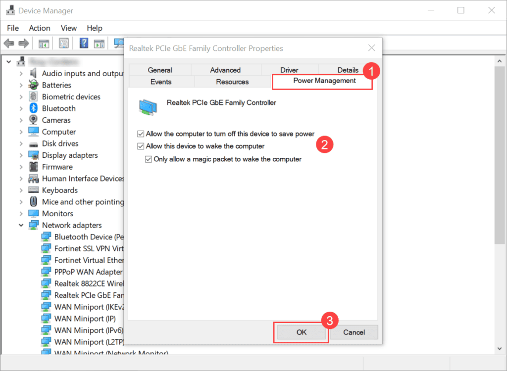 Enabling WOL Parameters in Power Management tab