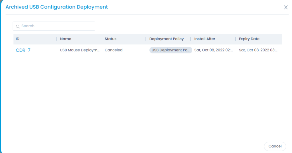 Viewing Archived USB Configuration Deployment List