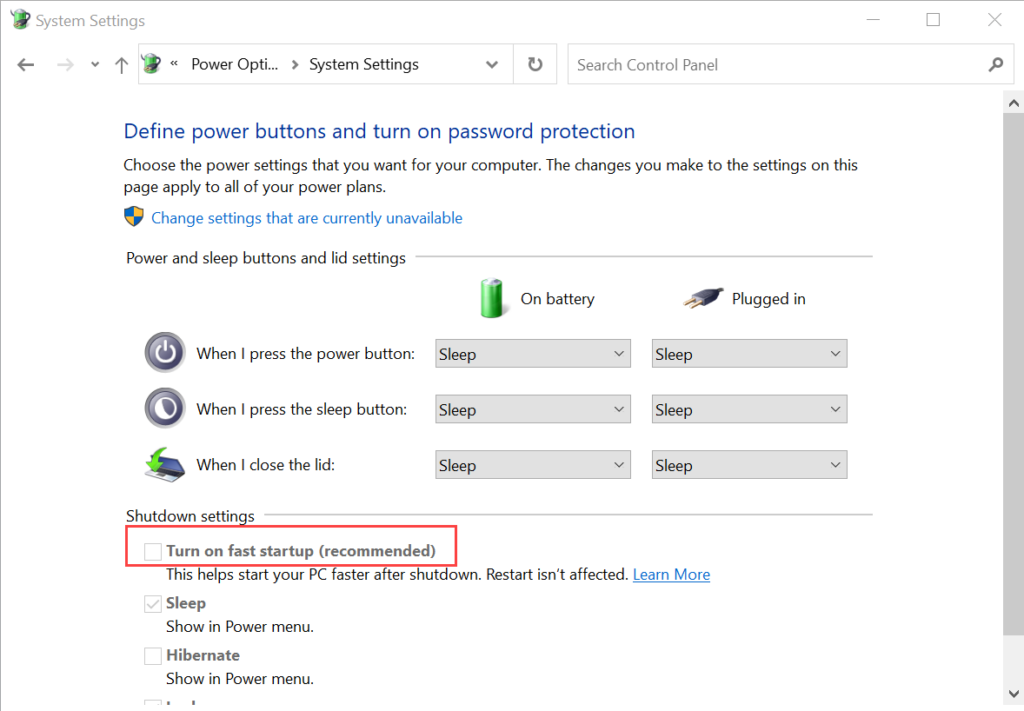 Disable Turn on fast startup