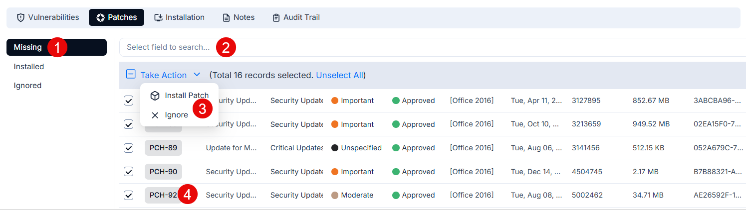 Patches Tab showing Missing, Installed, and Ignored sub-filters with patch records and bulk action options