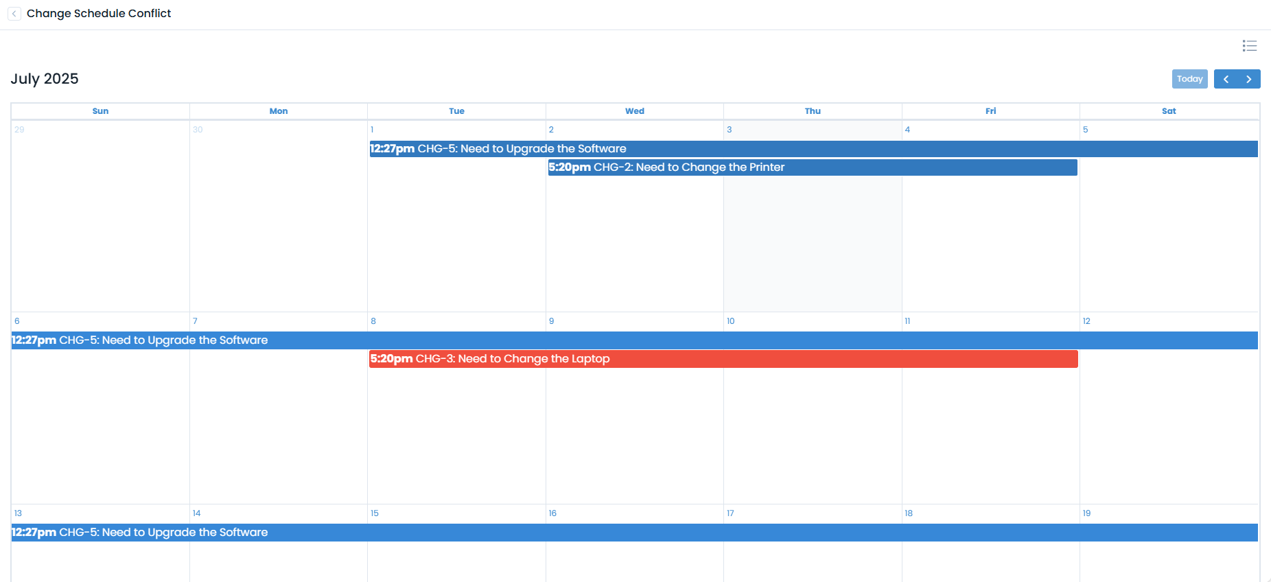 Viewing the detected Change Schedule Conflict