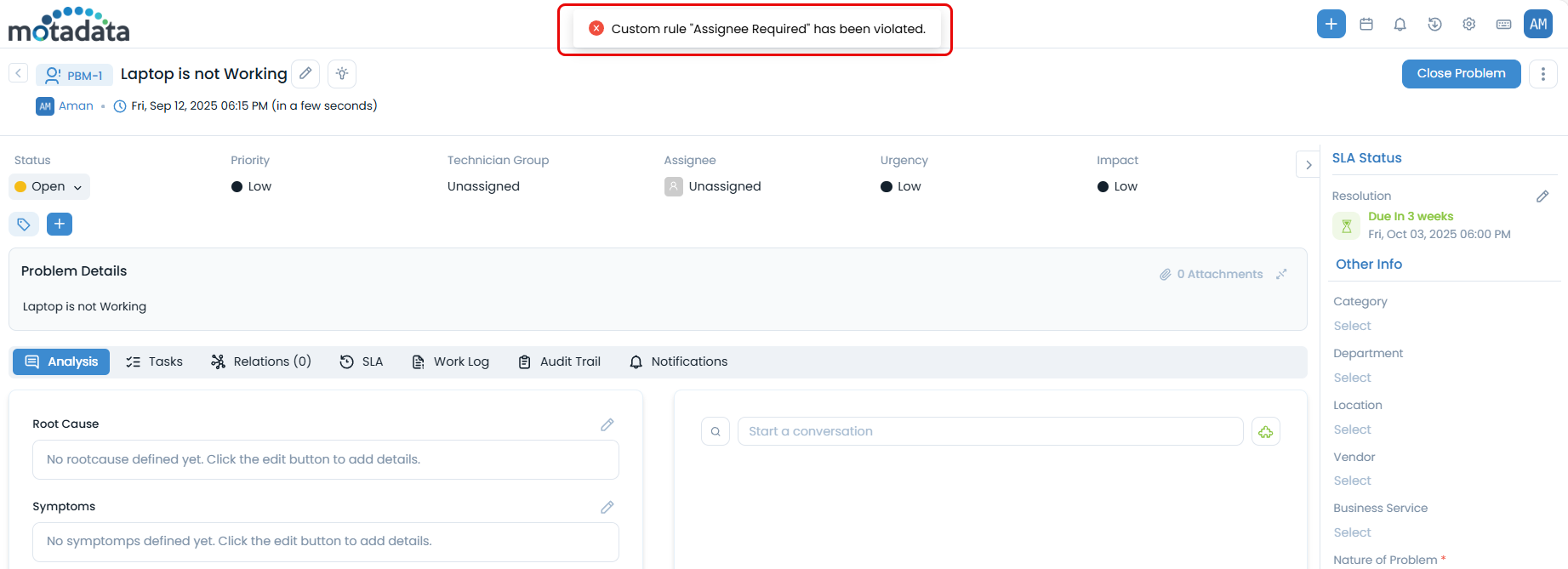 Example of Custom Rule in Problem Management