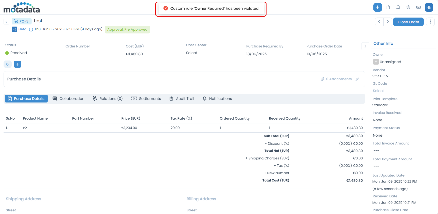Example of Custom Rules in Purchase Management