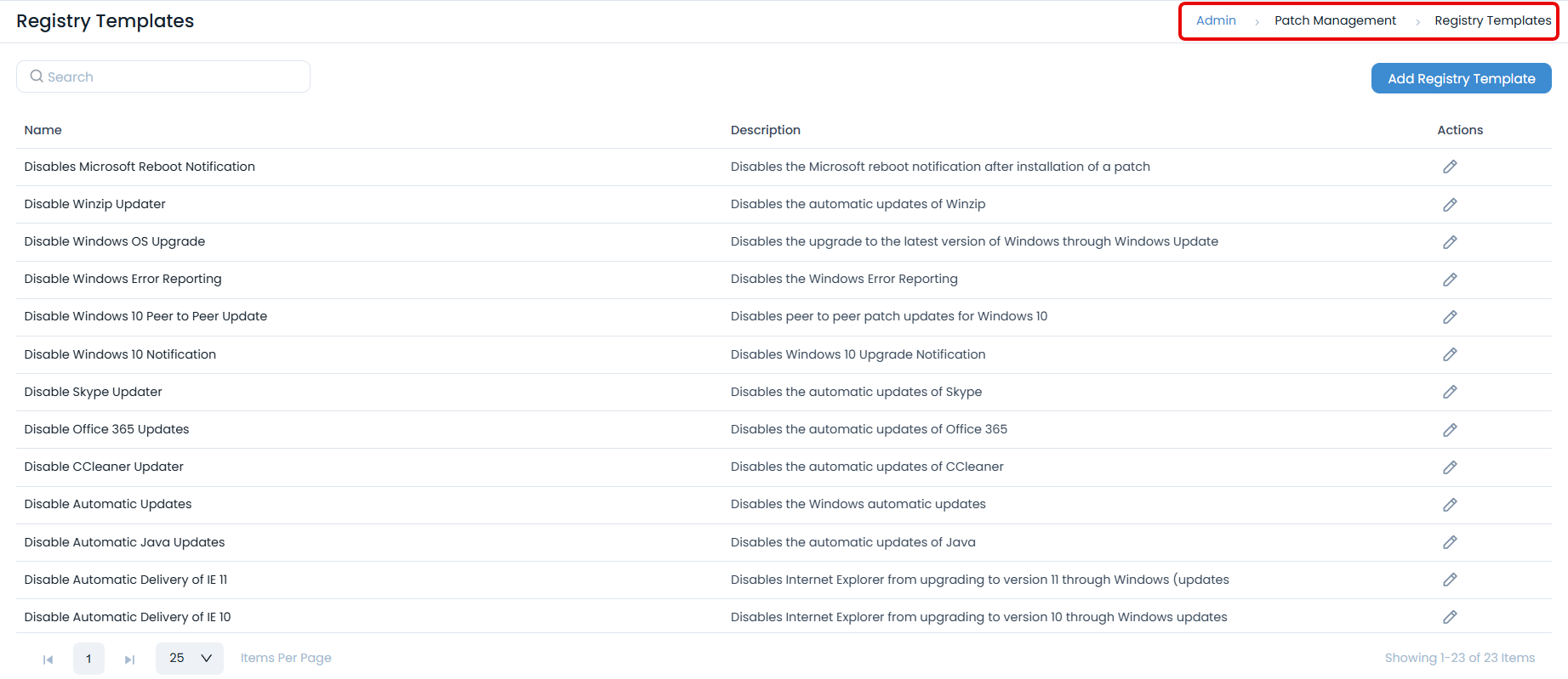 Registry Templates List page