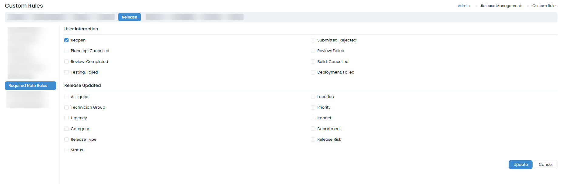 Fields that require a note before changing their values