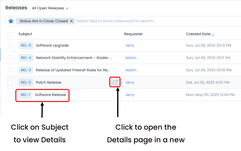 Options to open Release Details Page