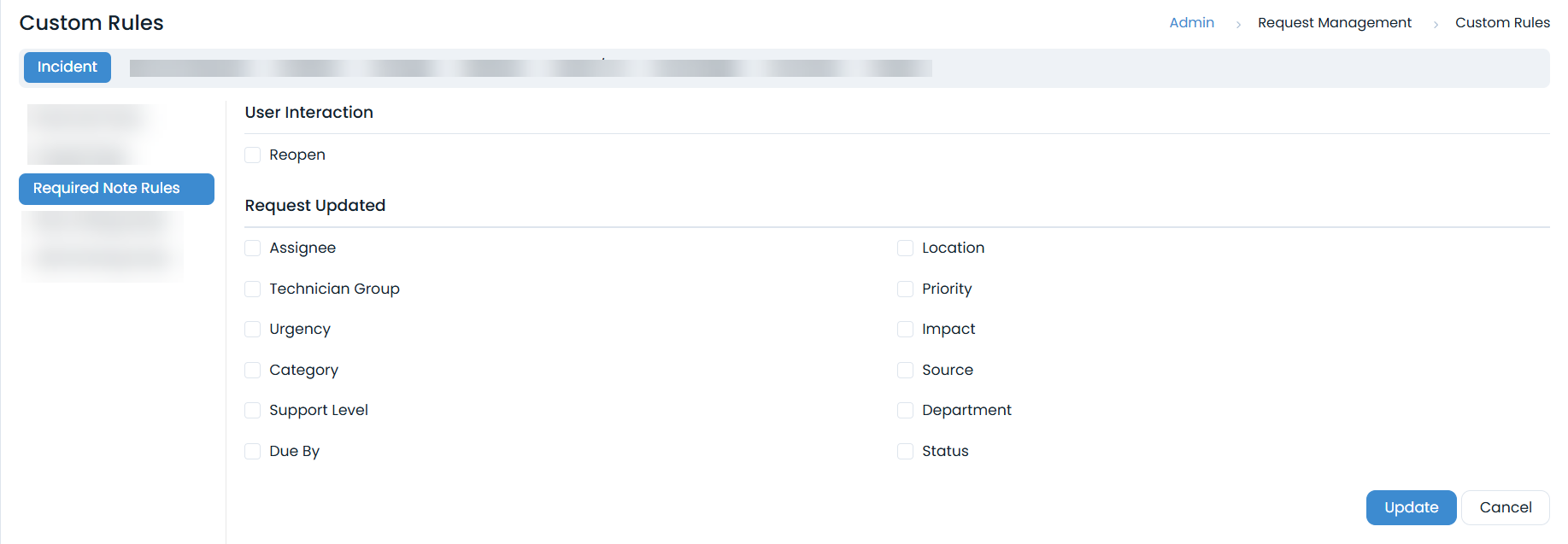 Fields that require a note before changing their values