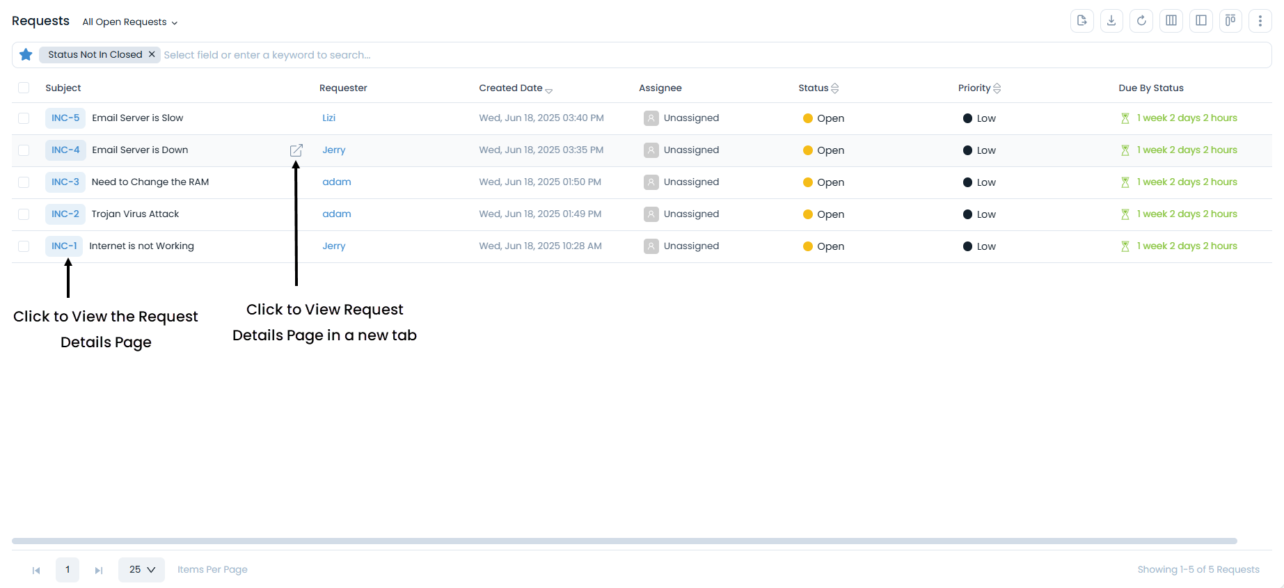 Options to open request details page