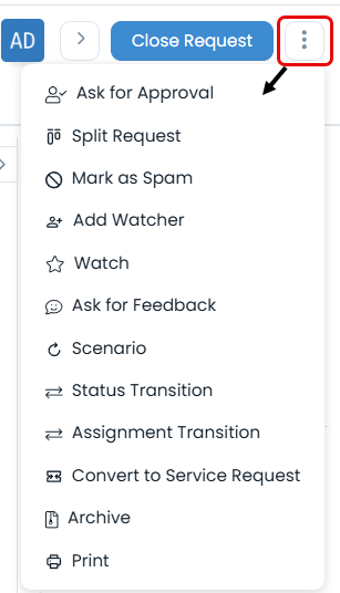Action options on request details page