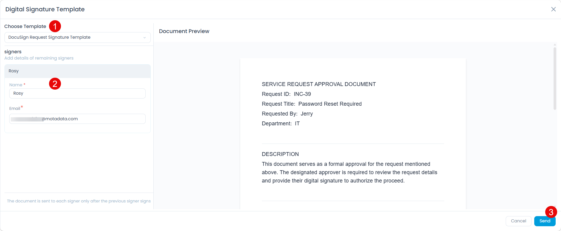 Digital Signature Template dialog with a Choose Template dropdown, Signers section showing Name and Email fields, a Document Preview panel on the right, and a Send button