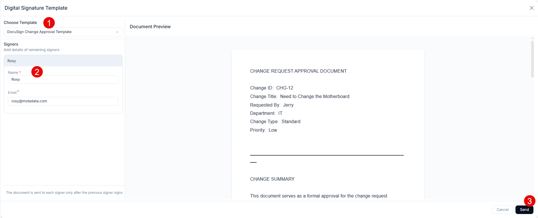 Digital Signature Template dialog showing Choose Template dropdown, Signers section with Name and Email fields, a Document Preview panel, and a Send button