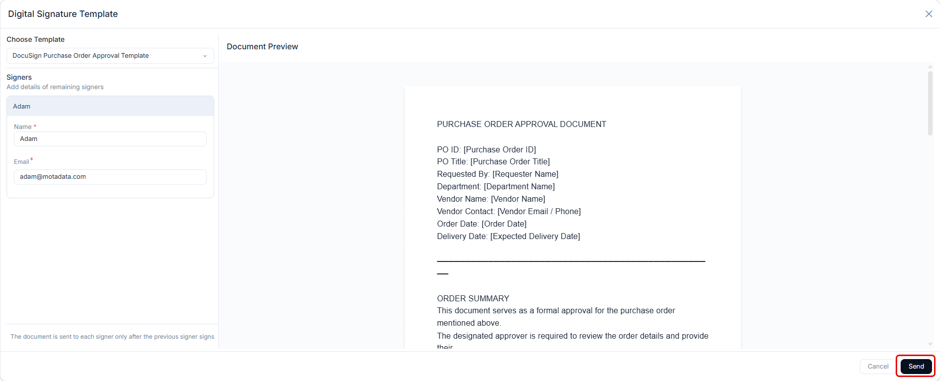 Digital Signature Template dialog showing Choose Template dropdown, Signers section with Name and Email fields, a Document Preview panel, and a Send button