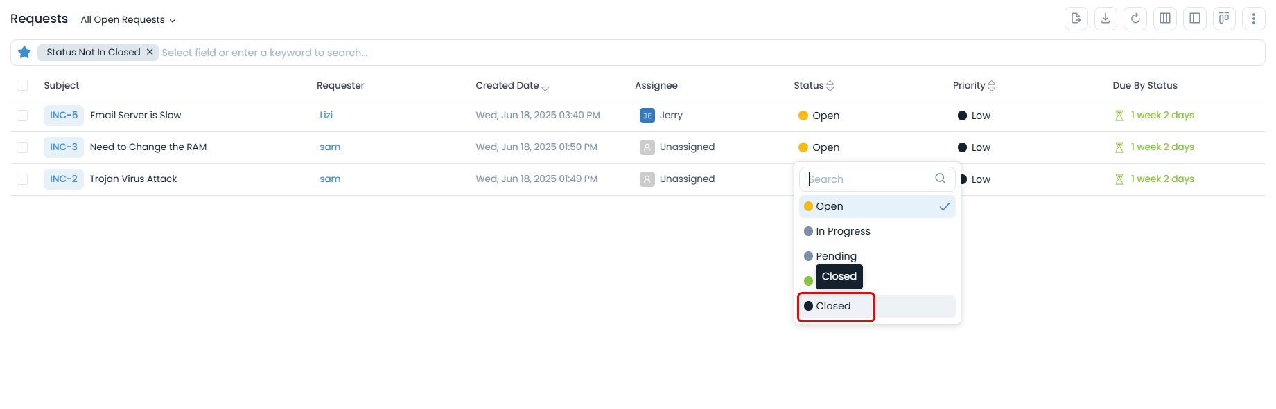 Closing a request from the List page