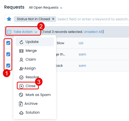 Selecting and Closing Multiple Requests