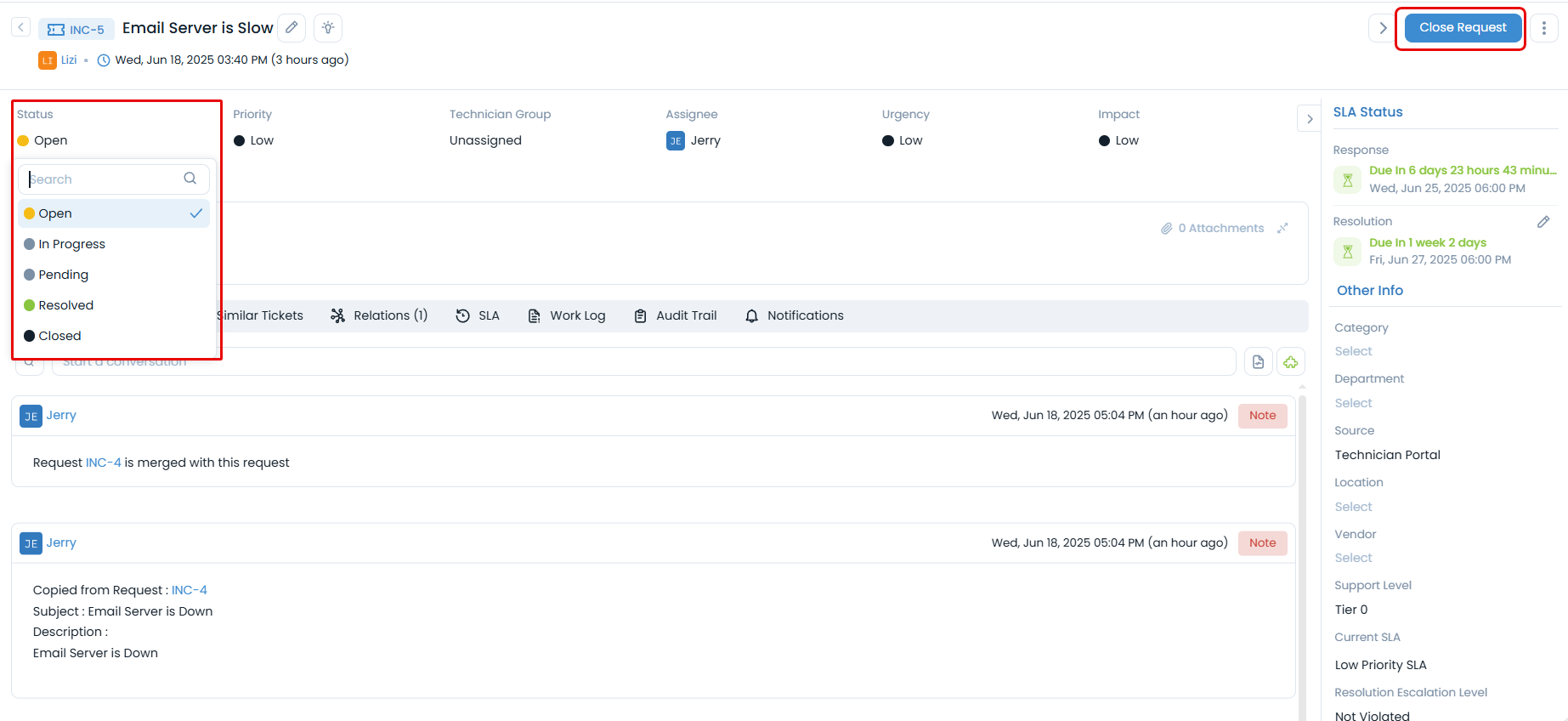Closing Request by Changing Status