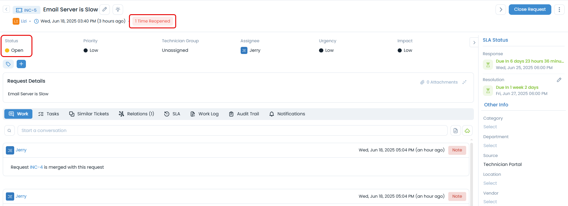 Reopening Request by Changing Status