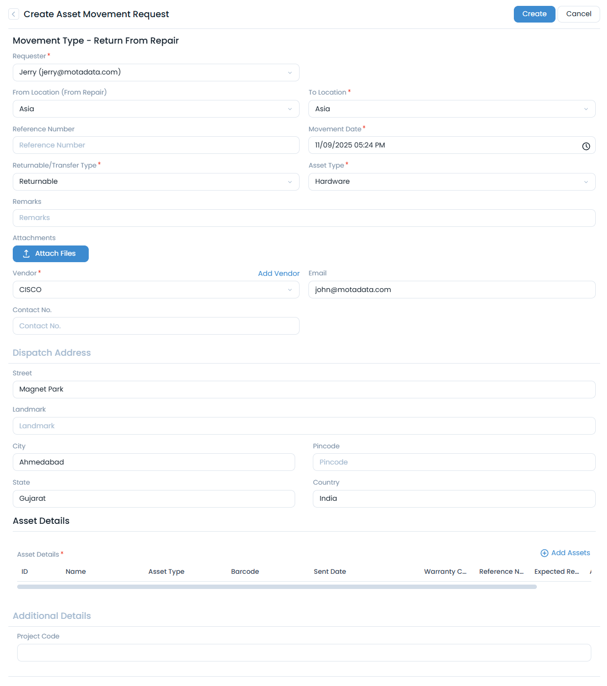 Create Return From Repair Request