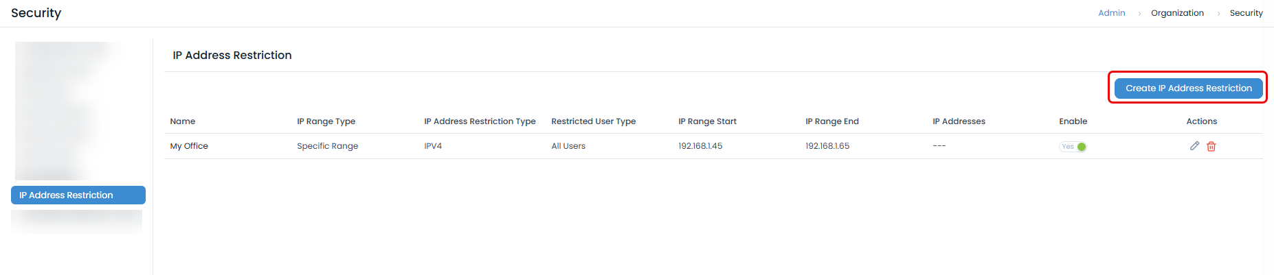 Create IP Address Restriction button