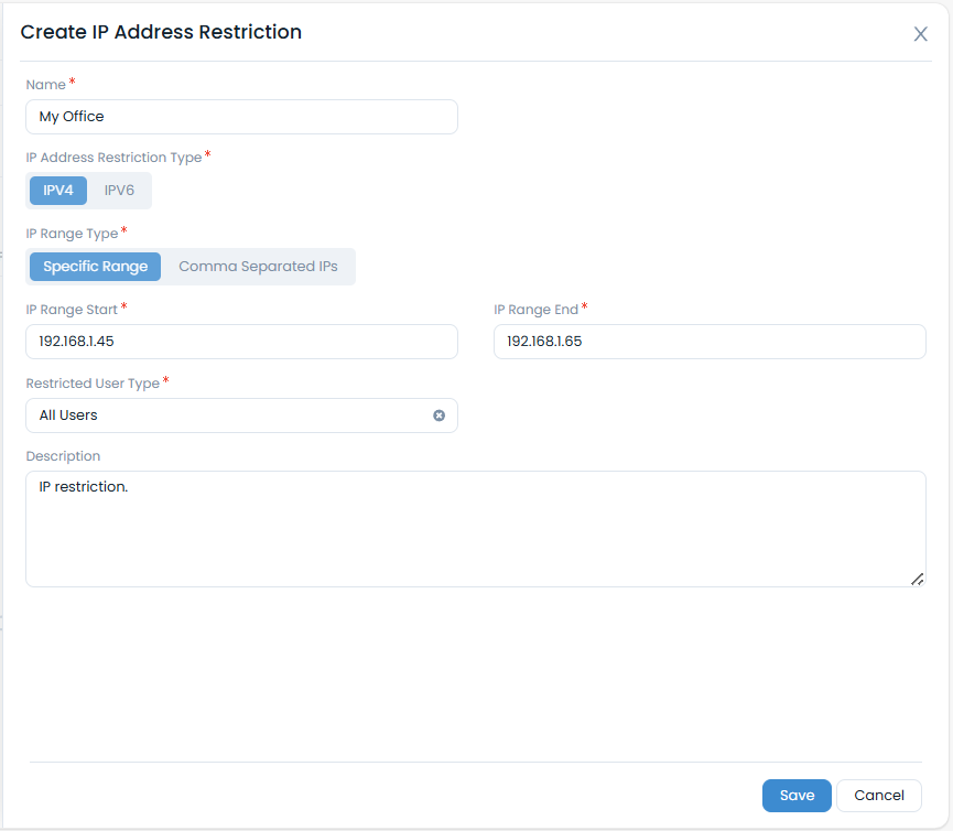 Create IP Address Restriction Page