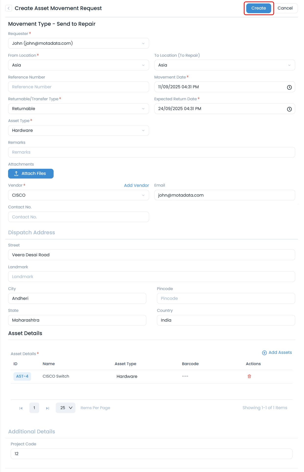 Create Asset Movement Request