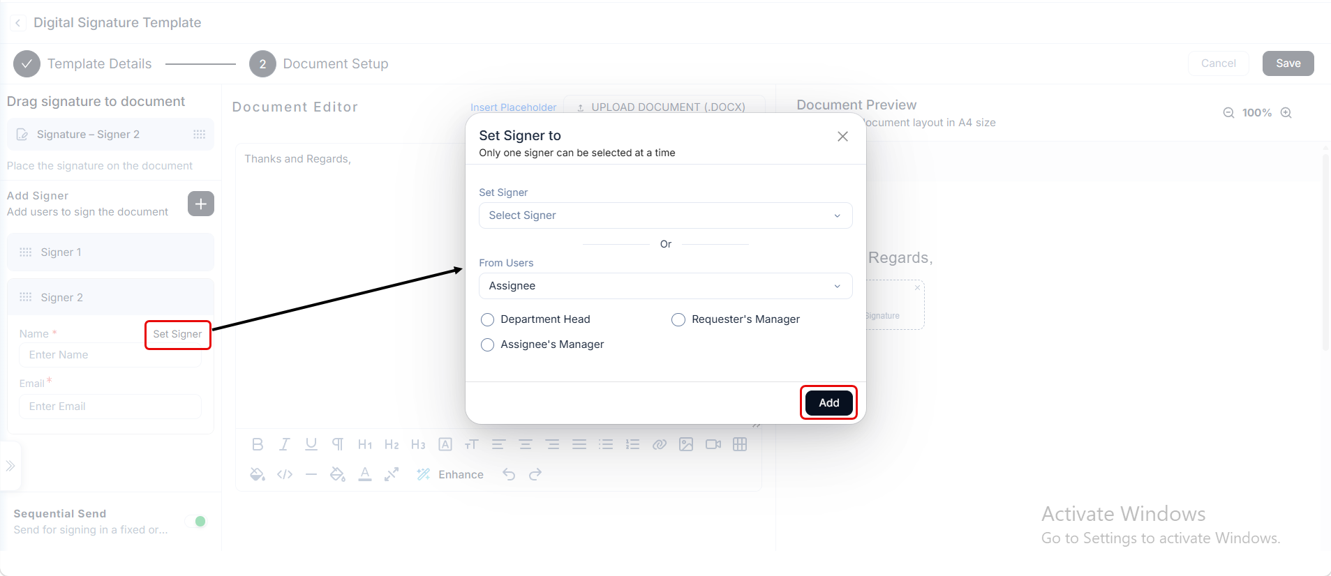Set Signer to panel showing signer selection options