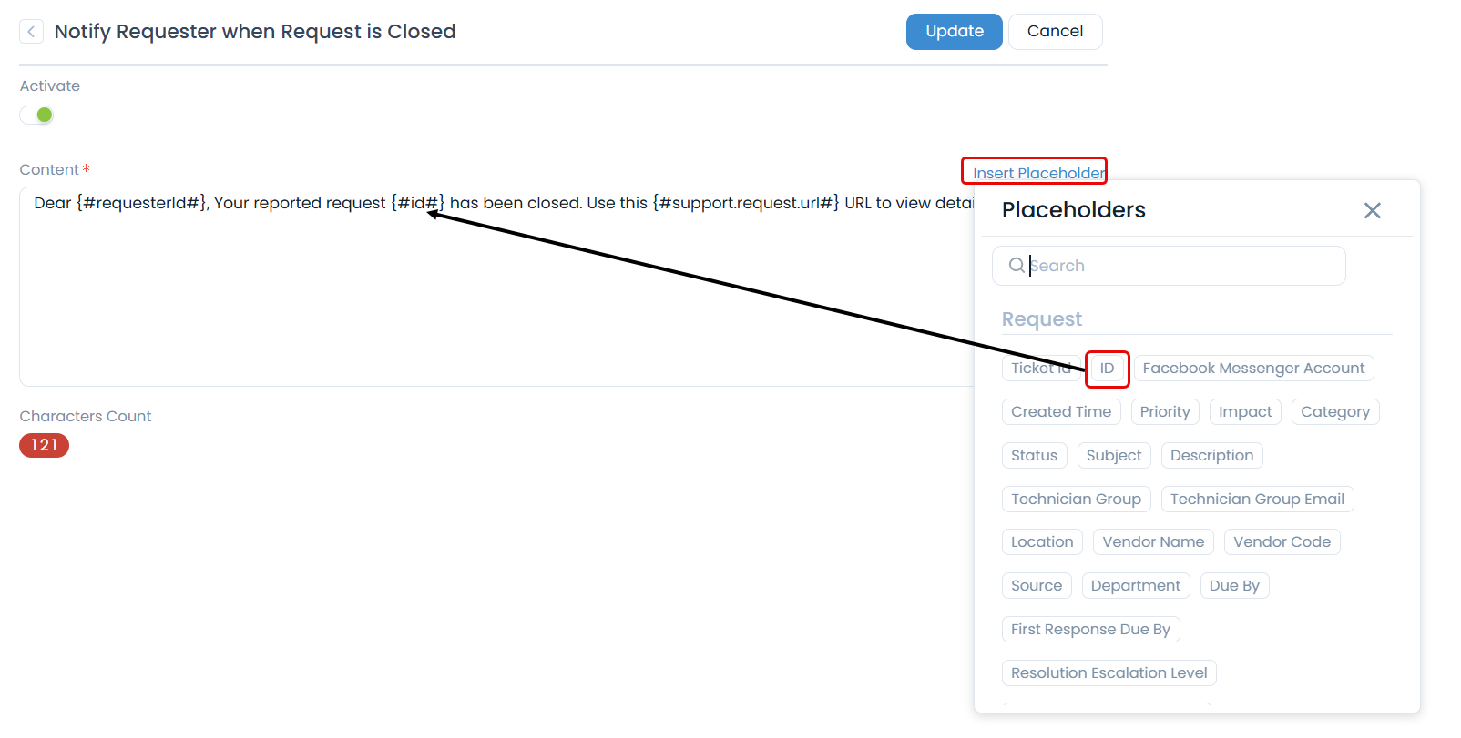 Adding Placeholders in the SMS Template