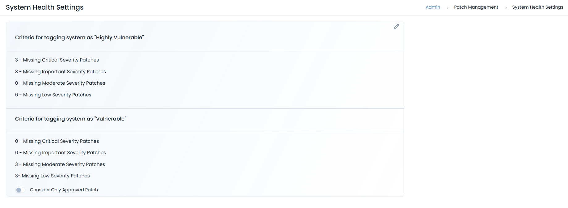 System Health Settings page