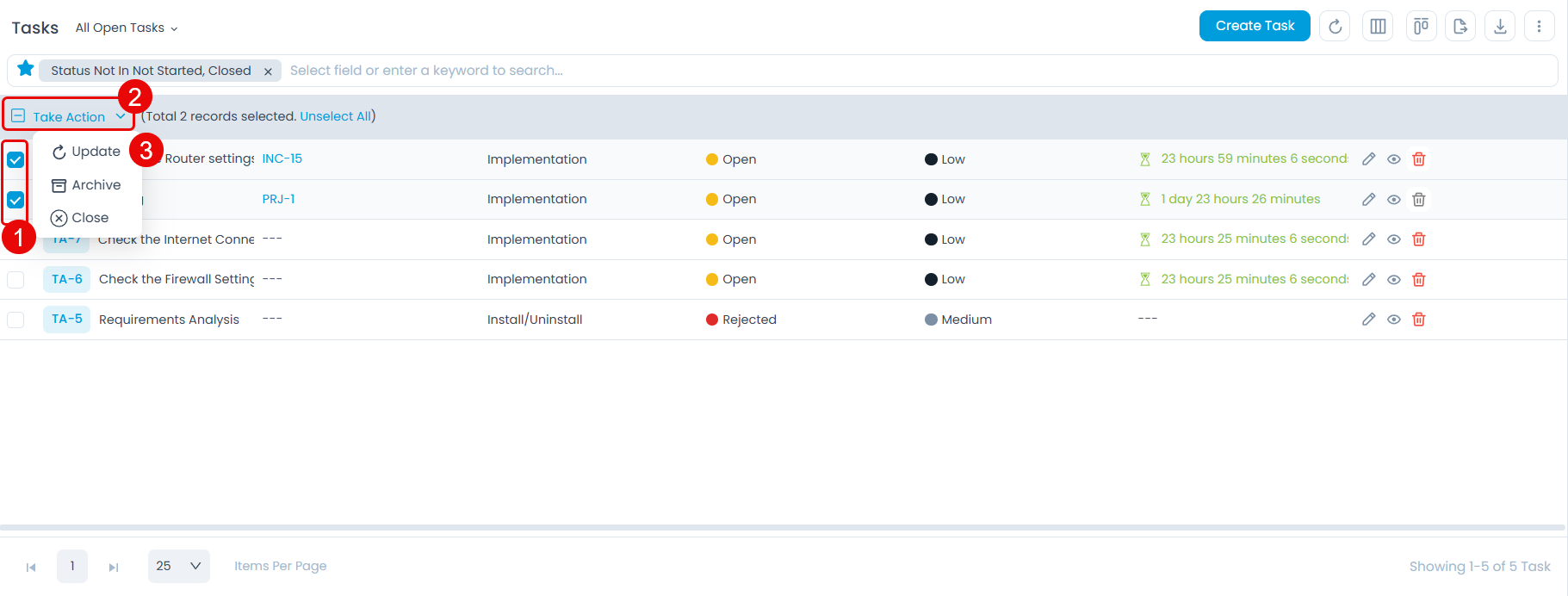 Bulk Update Tasks Selection
