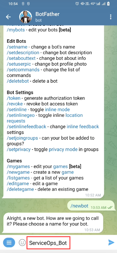 Enter the name of the bot