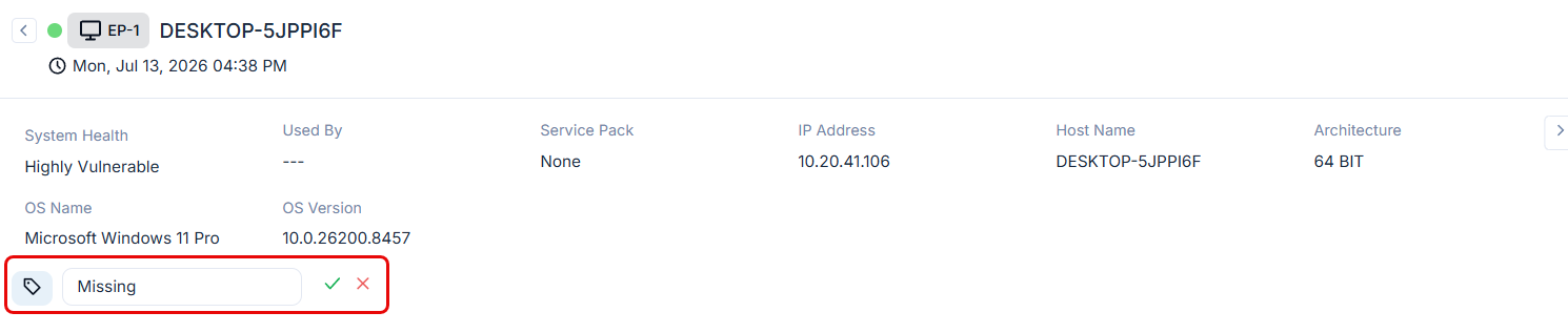 Endpoint Details page showing the Tags field with edit option highlighted