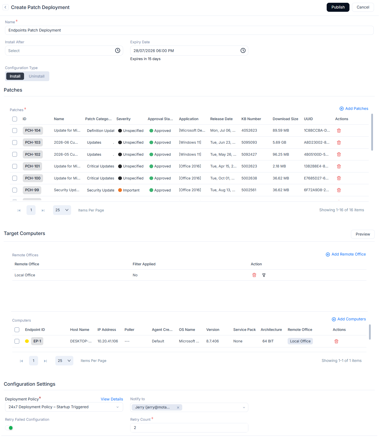 Create Patch Deployment page that opens after confirming Deploy Missing Patch
