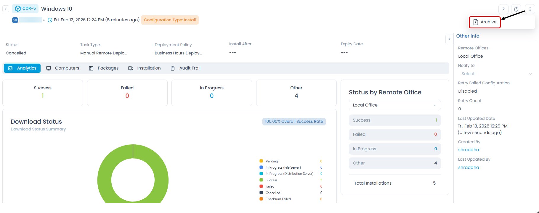 Archiving Deployment from Details Page