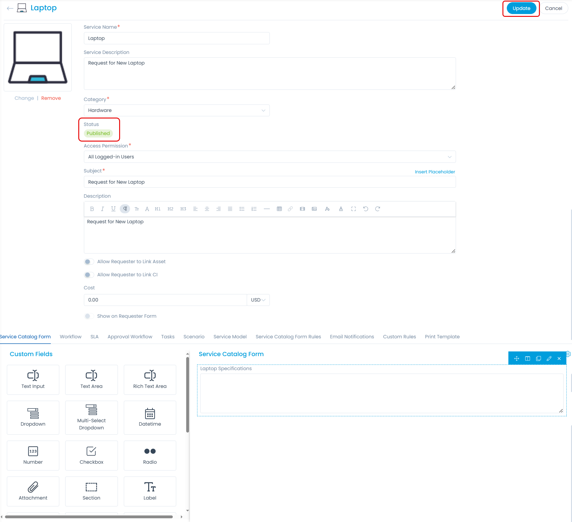 Publishing the Service Catalog Form