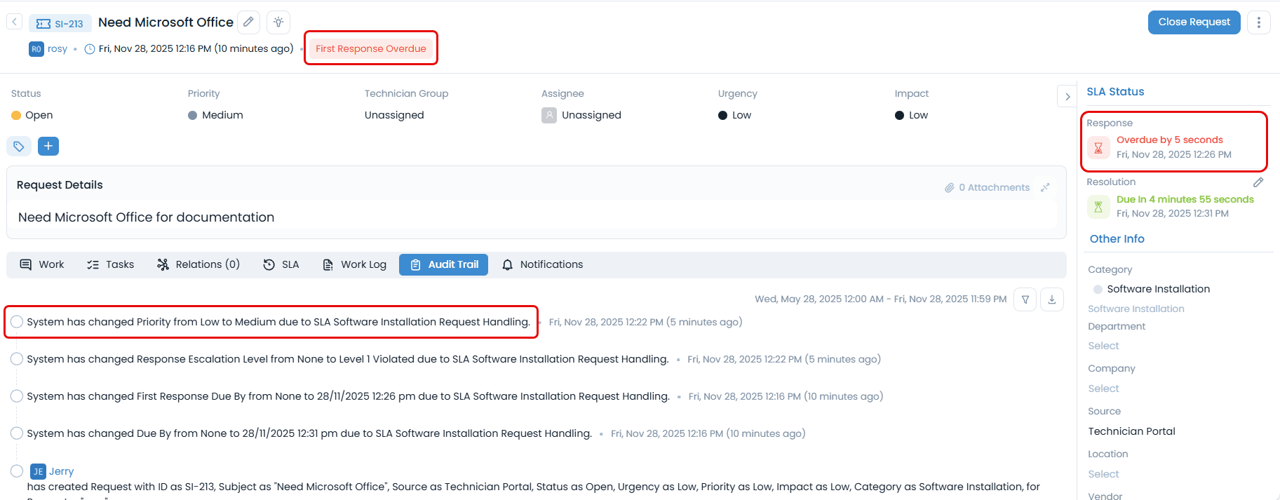 SLA Overdue - Software Installation Request