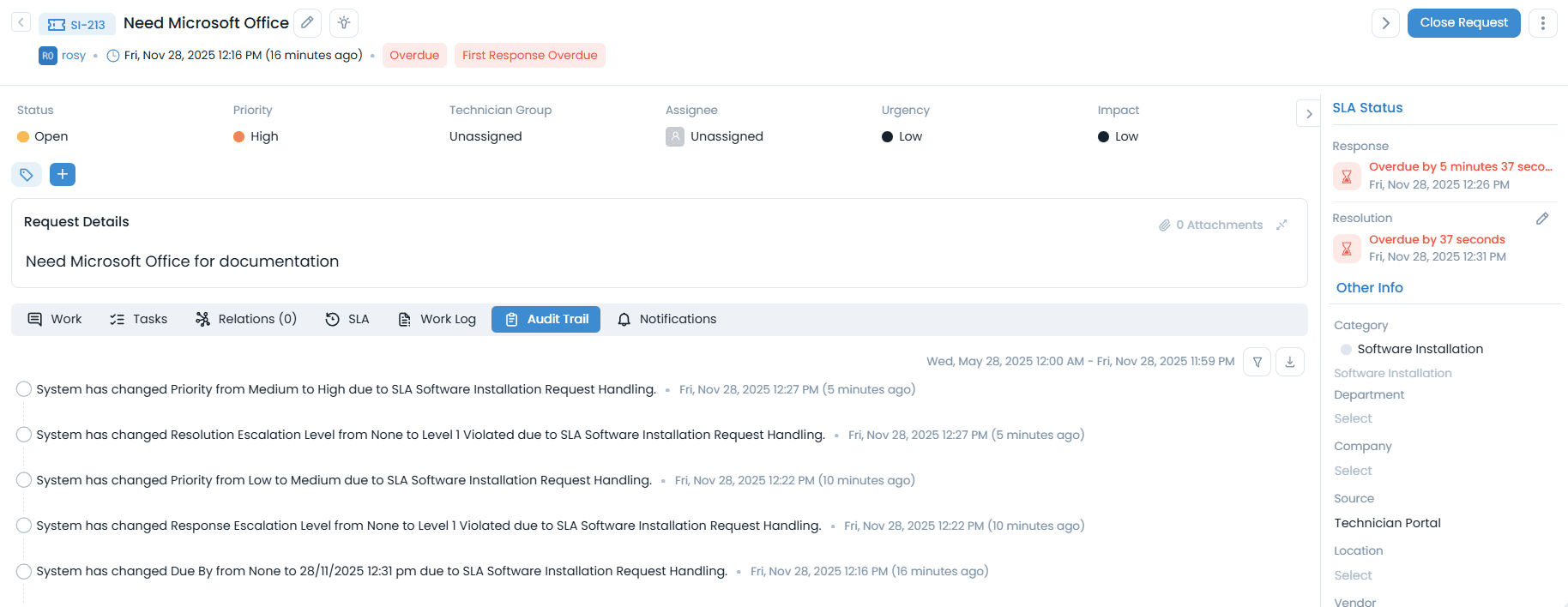 SLA with Technician Group Business Hours - Software Installation Request
