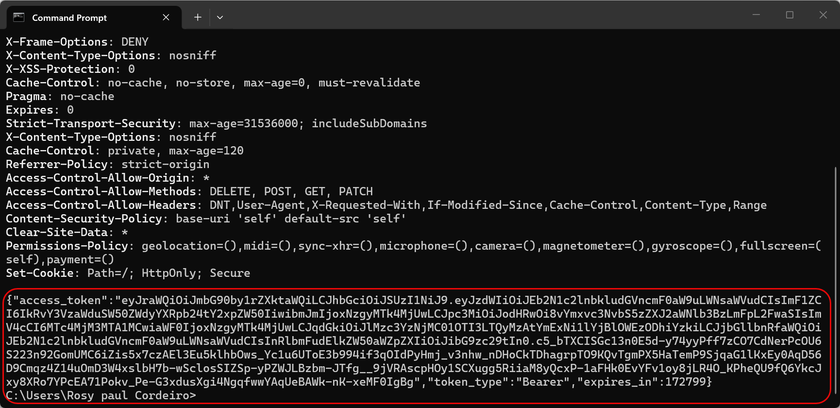 Terminal output showing HTTP 200 OK response from the OAuth token endpoint