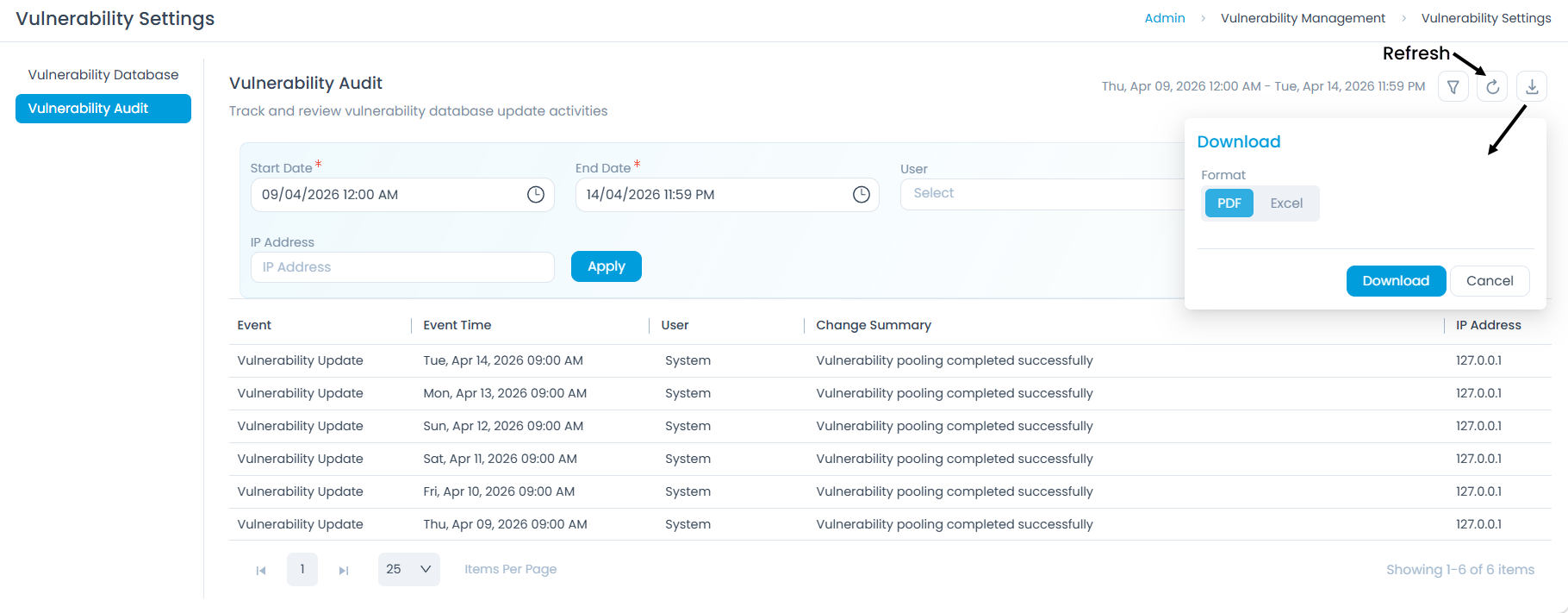 Vulnerability Audit page showing the log of all database update events