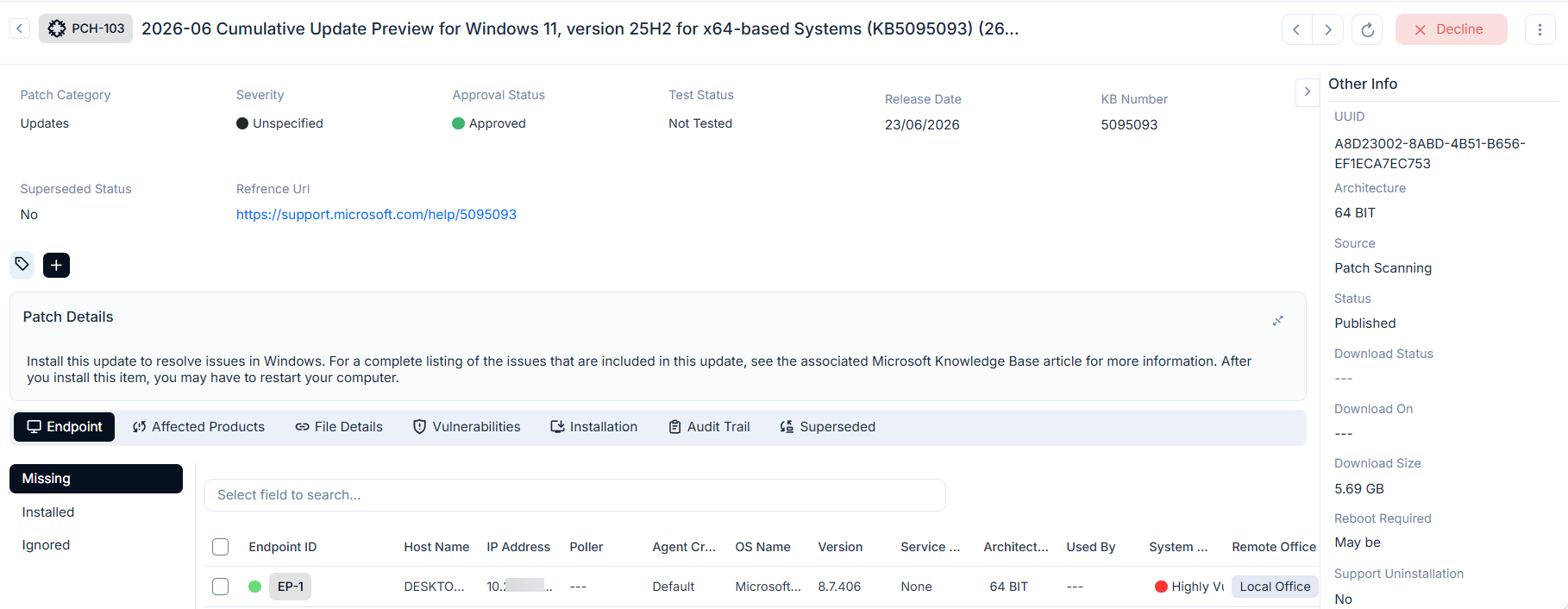 Vulnerability detail page showing patch header fields, Decline button, More Options menu, Other Info panel, Patch Details section, and tab navigation