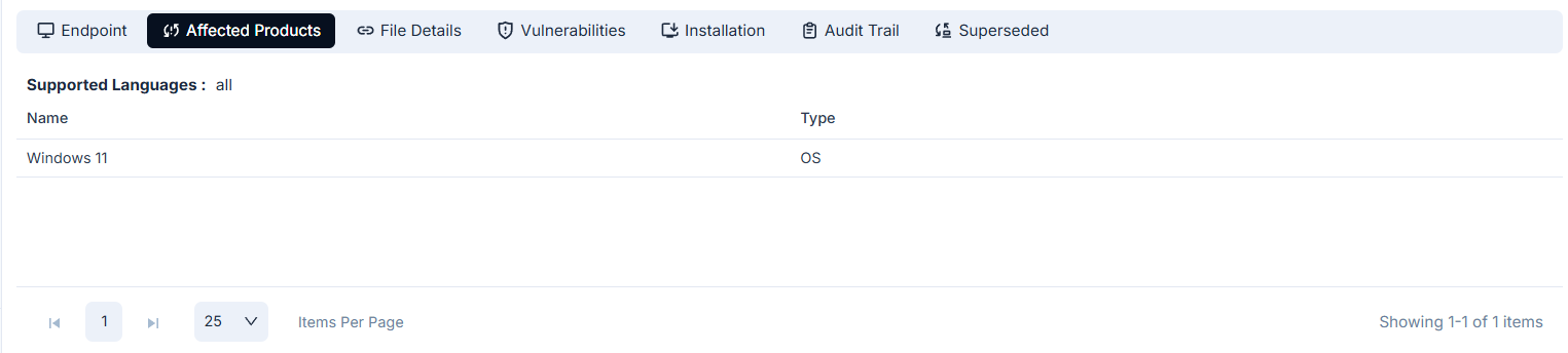 Affected Products tab showing Windows Server 2019 with type OS and supported languages set to all