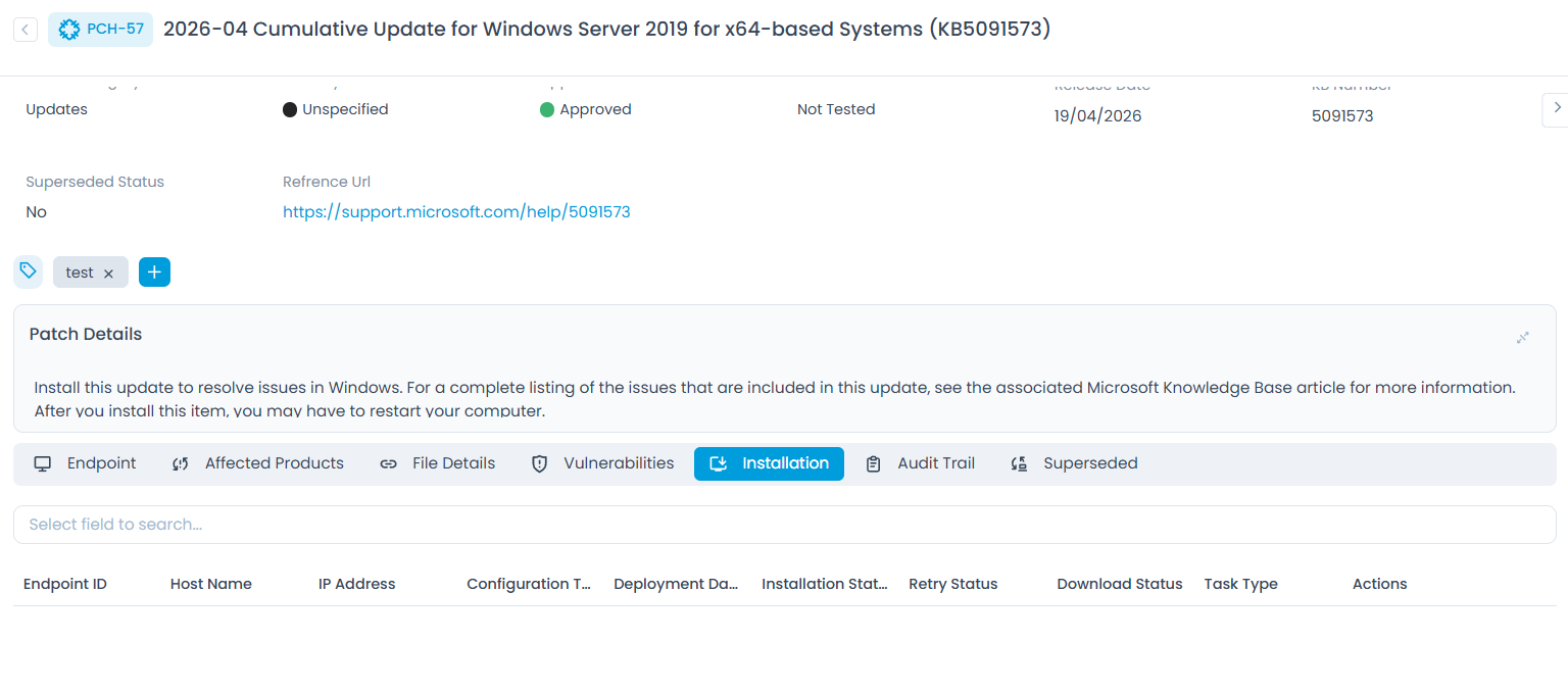 Installation tab showing column headers for endpoint ID, hostname, IP address, configuration type, deployment date, and installation status