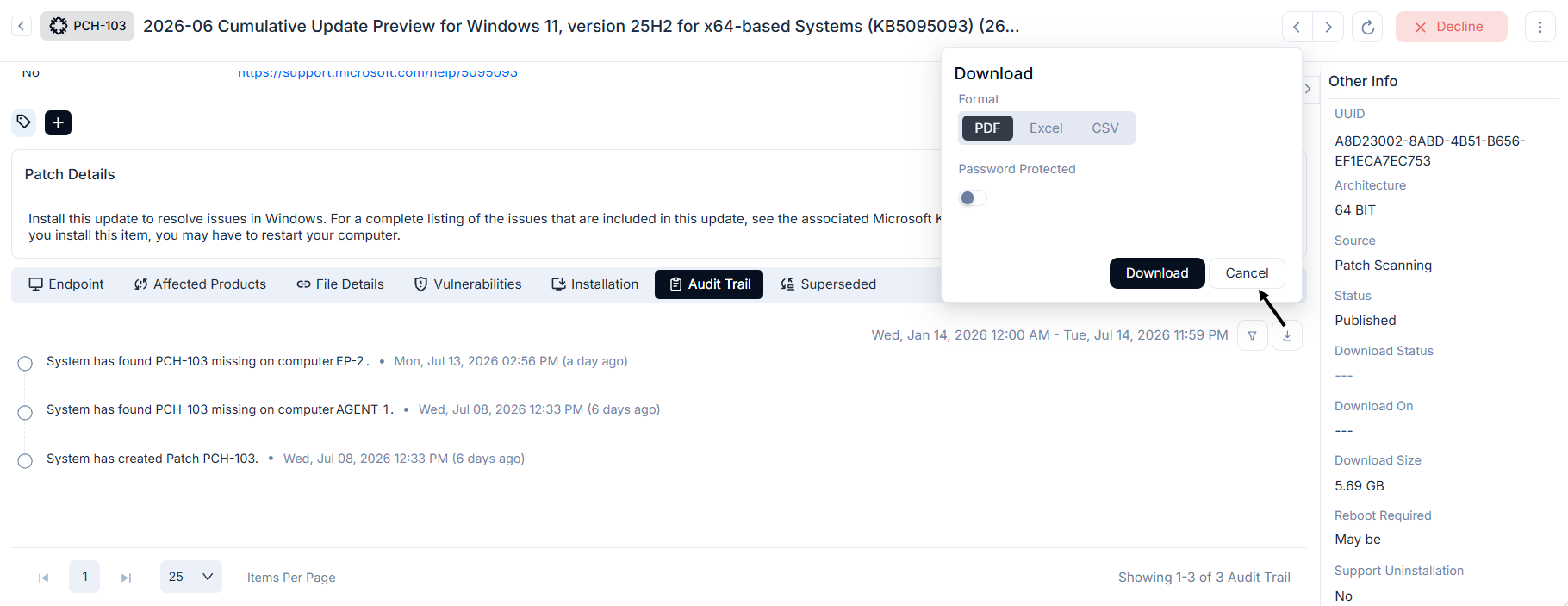 Audit Trail tab showing timeline entries including system-created patch event, tag addition by parth, and missing patch detection events with timestamps