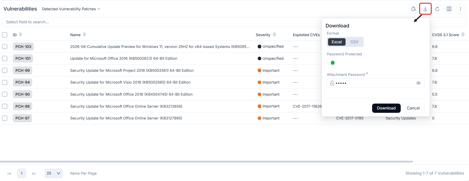 Download panel showing Excel/CSV format selection, password protected toggle, and attachment password field