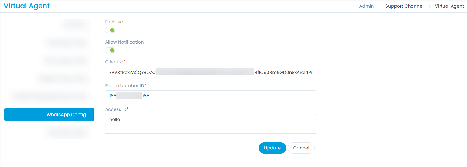 WhatsApp Config page