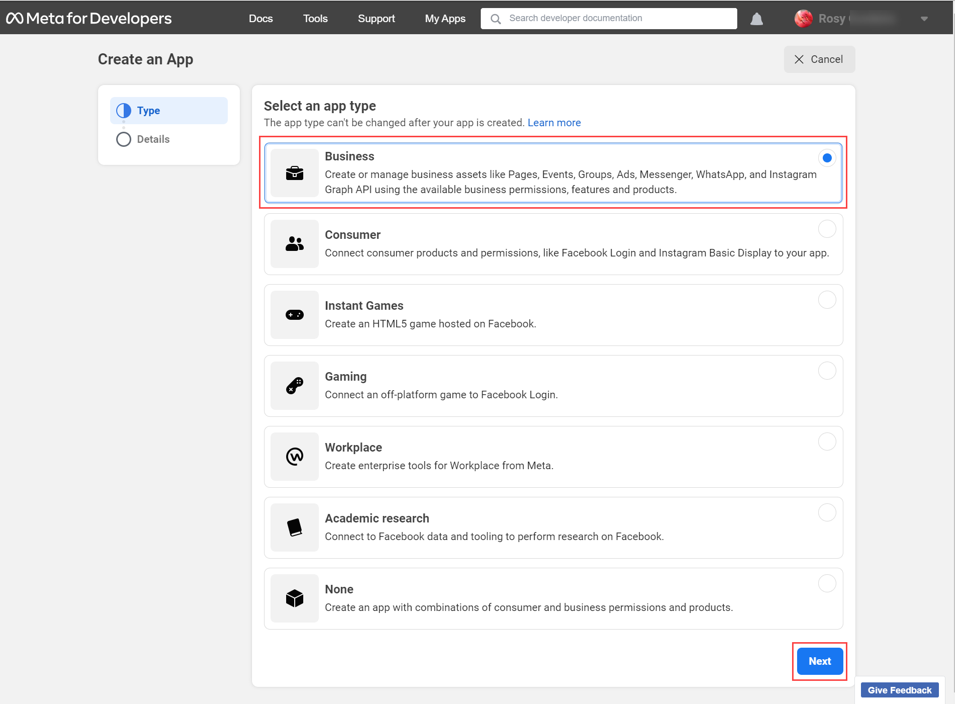 Select Business App Type