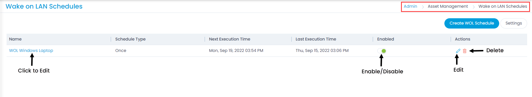 Wake On LAN Schedules List Page
